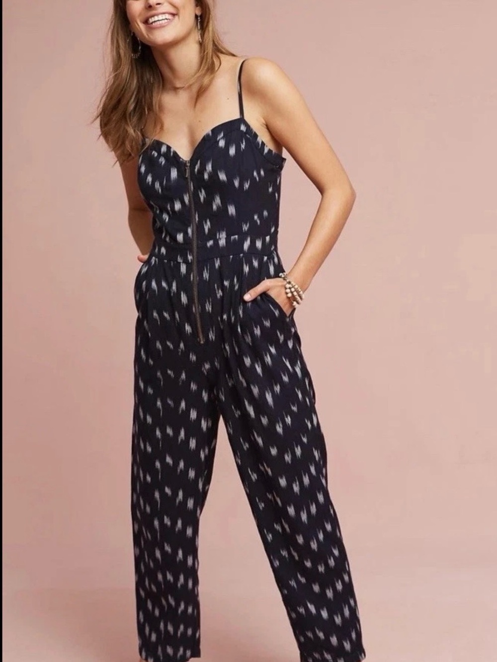 Elevenses Navy Blue Ikat Zip Front Jumpsuit Spaghetti-Strap Size 4 Like New